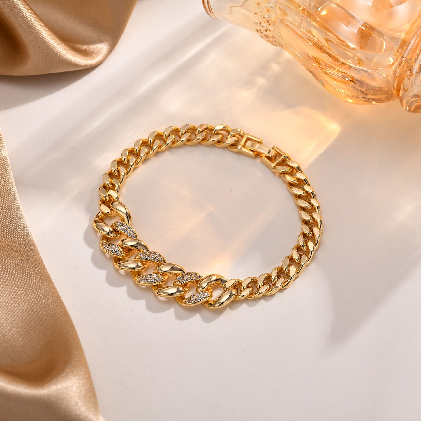 Curb Chain Bracelet Pave and Gold Center