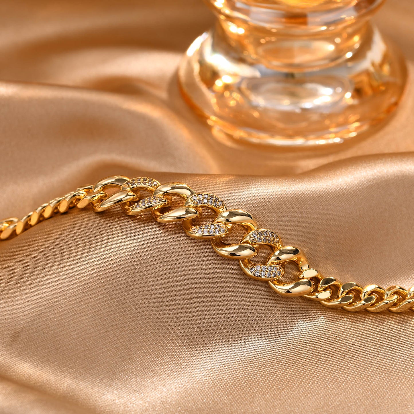 Curb Chain Bracelet Pave and Gold Center