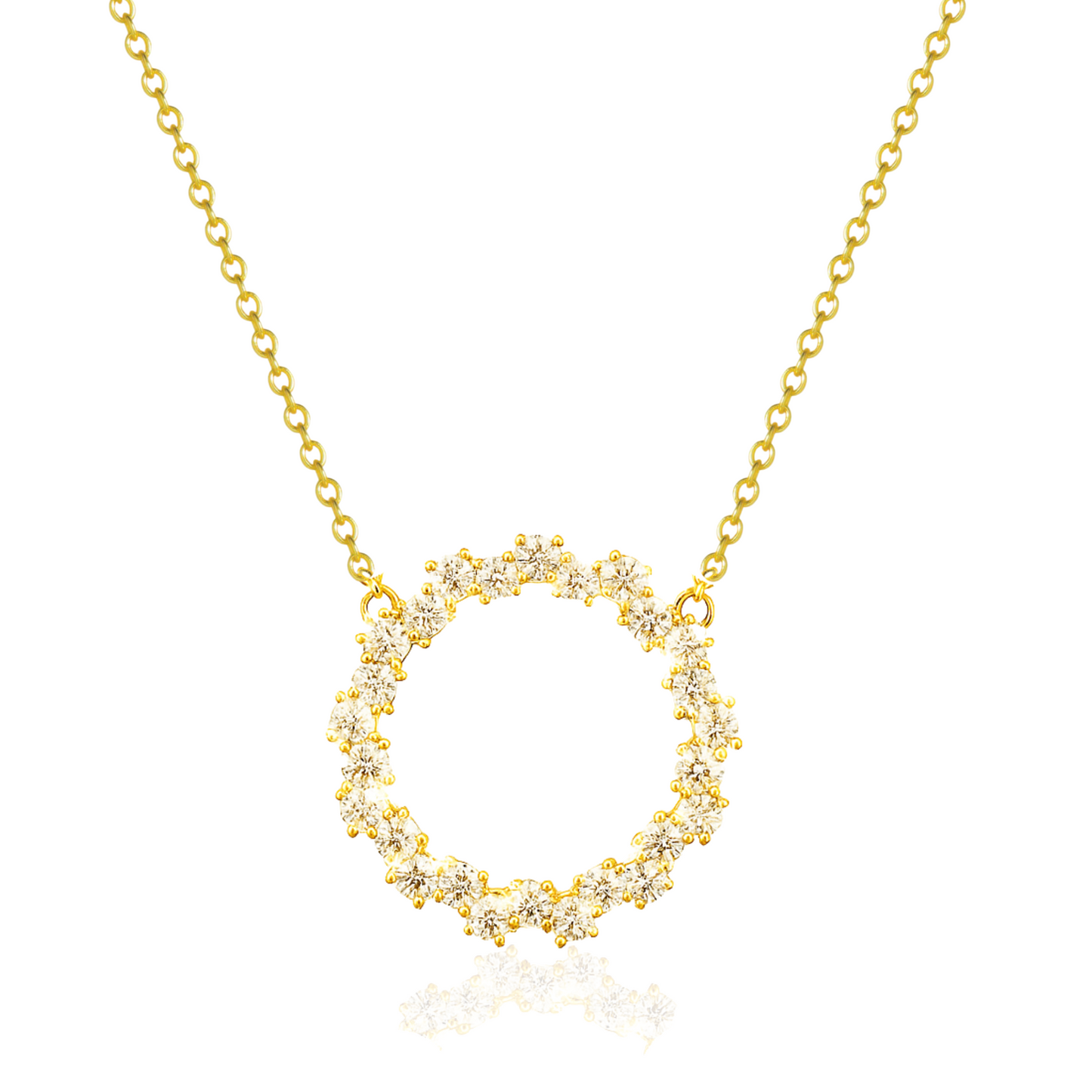 Gold Plated Round Cluster Disc Necklace with Rhinestones