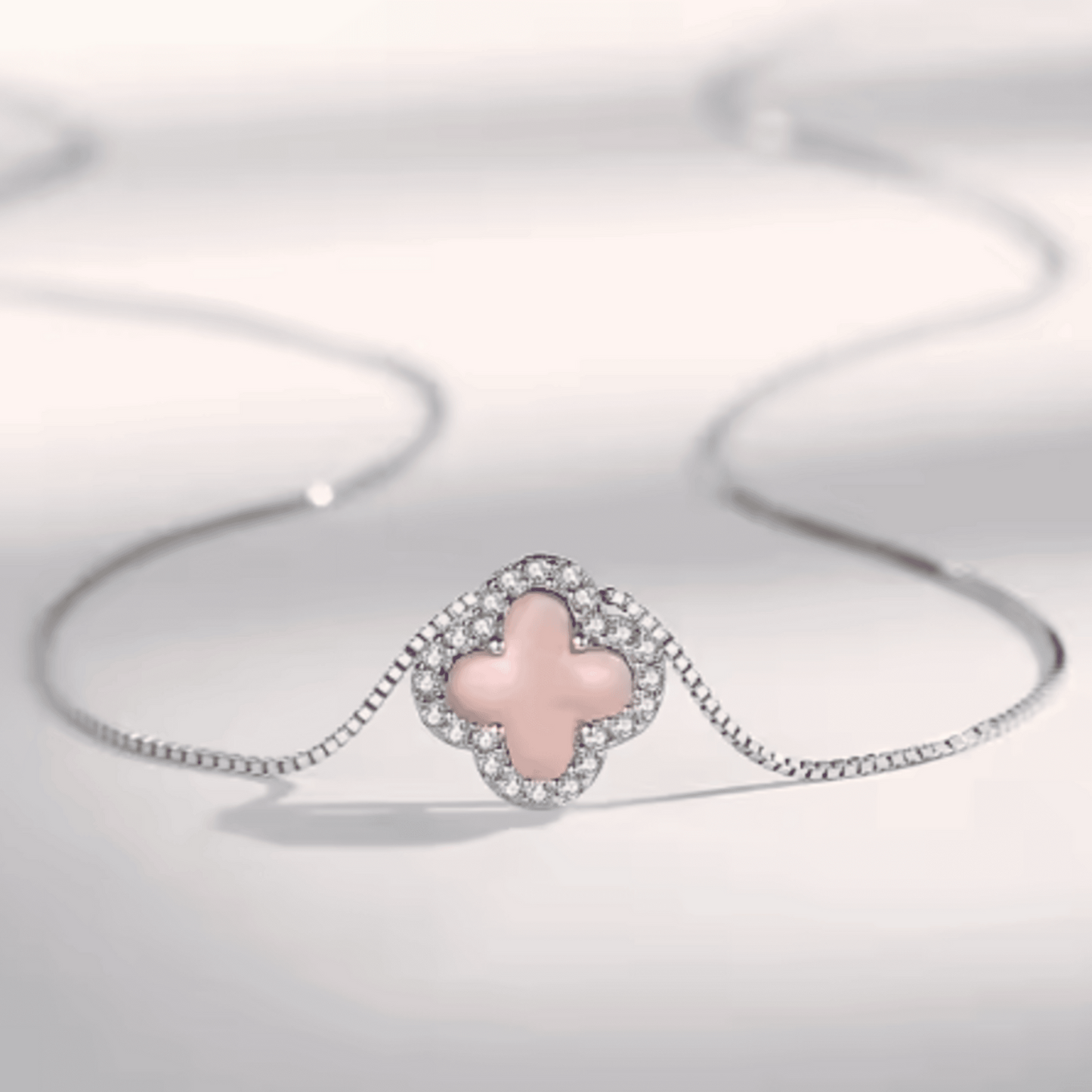 Sterling Silver Pink Clover Necklace with Rhinestones