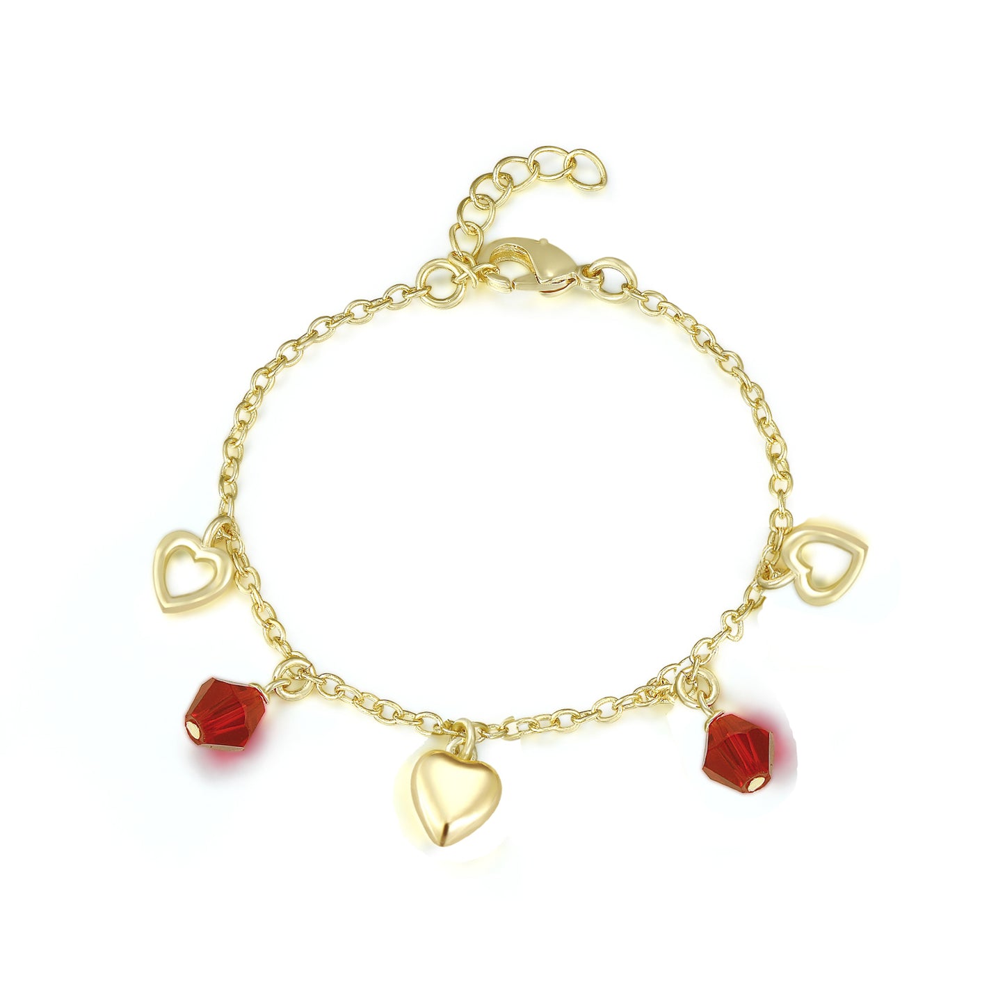 Gold Plated Hearts and Red Crystals Charm Bracelet