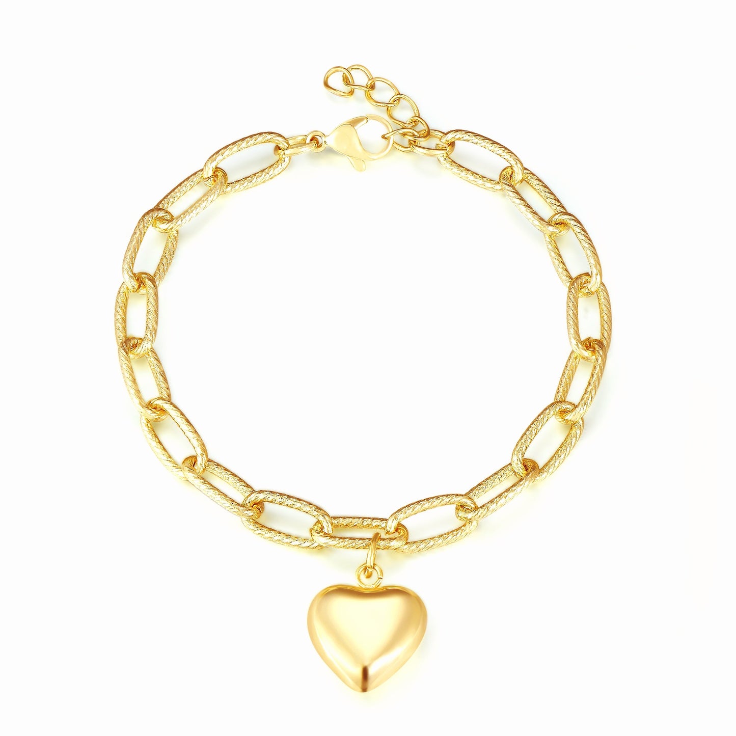 Gold Plated Paperclip Bracelet with Heart Charm (Center)
