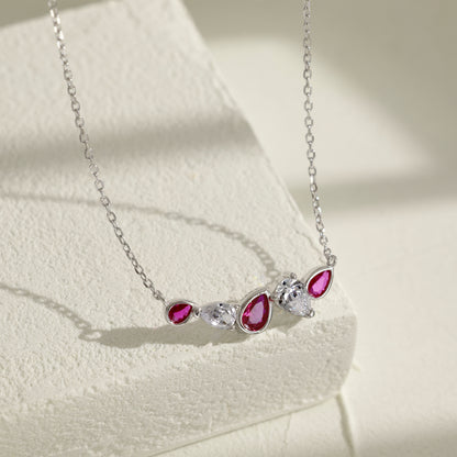 Sterling Silver Cluster Bar Necklace with Ruby Colored and CZ Stones