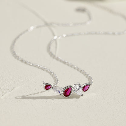 Sterling Silver Cluster Bar Necklace with Ruby Colored and CZ Stones