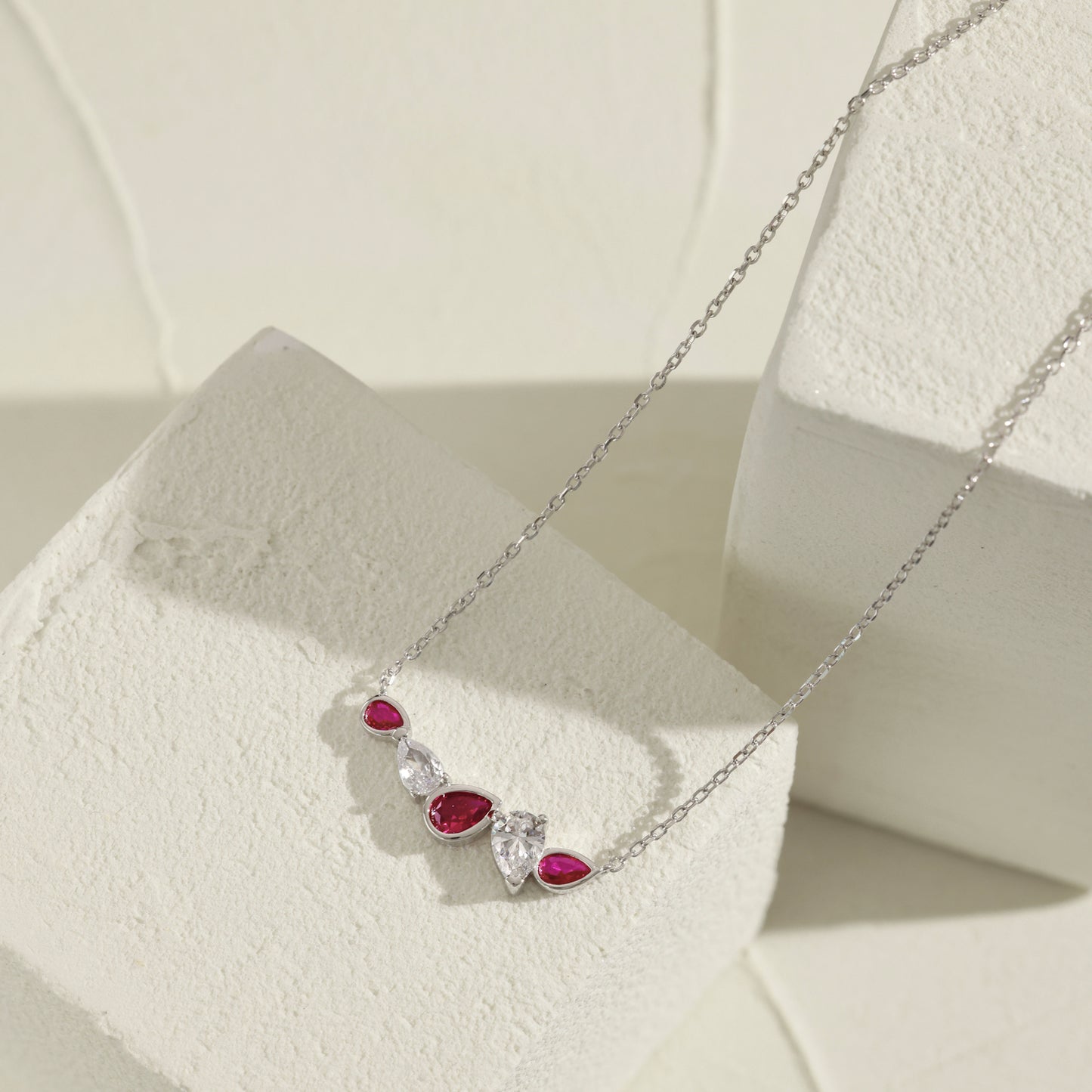 Sterling Silver Cluster Bar Necklace with Ruby Colored and CZ Stones