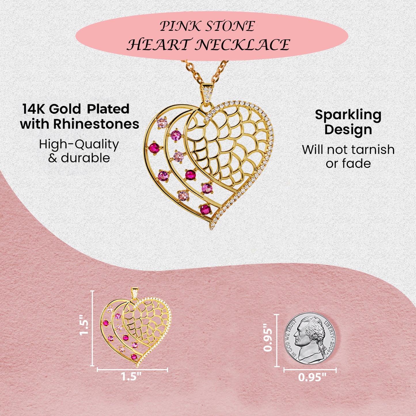 Large Gold Plated Heart Necklace with Pink Crystal Rhinestones