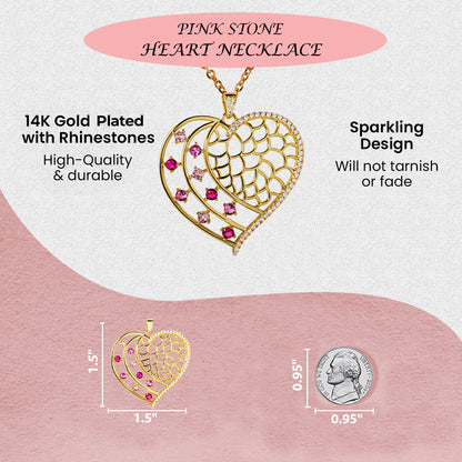 Large Gold Plated Heart Necklace with Pink Crystal Rhinestones