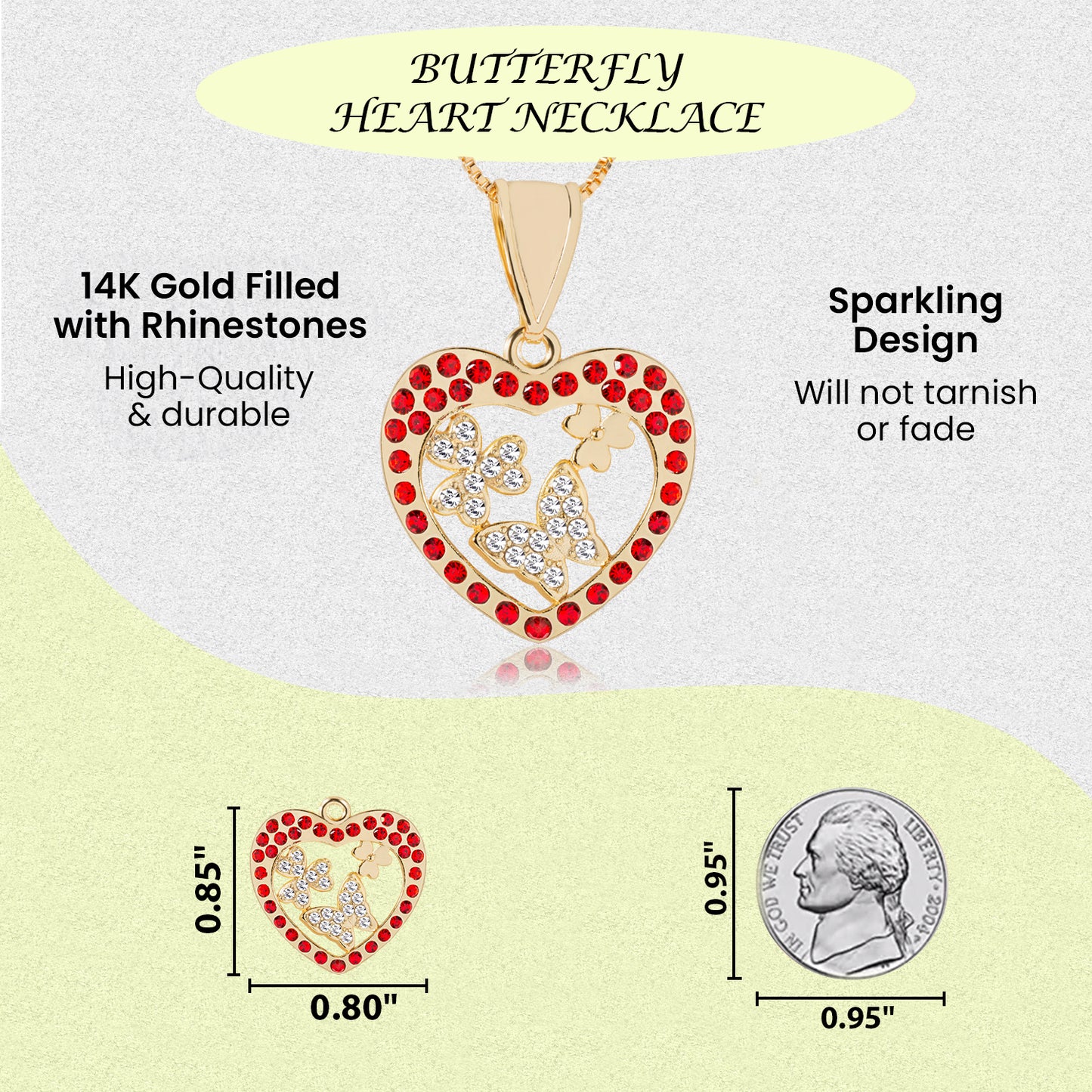 Red Butterfly Heart Charm Necklace - 14K Gold Filled with Crystal Rhinestones