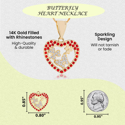 Red Butterfly Heart Charm Necklace - 14K Gold Filled with Crystal Rhinestones