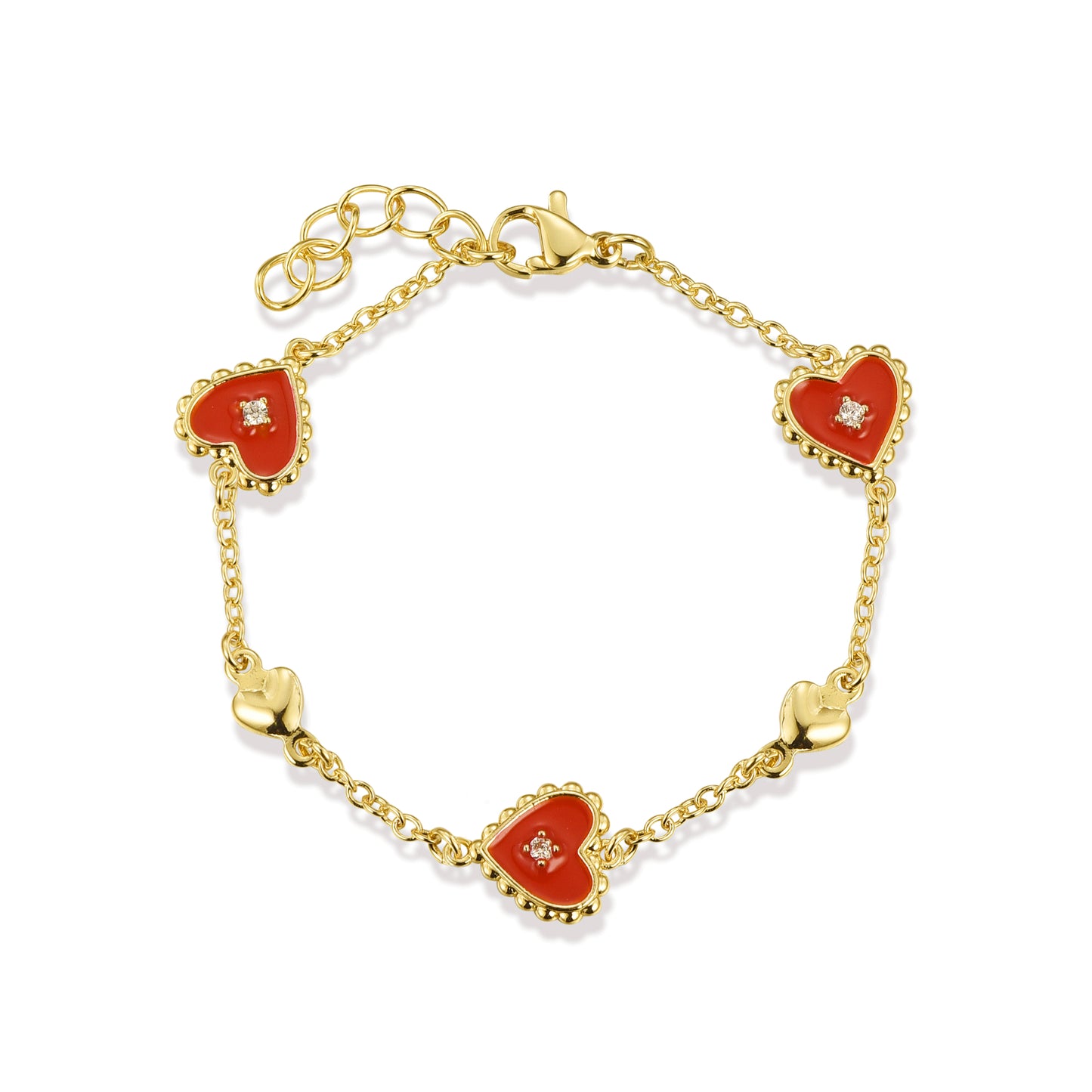 Gold Plated Red Hearts Satelite Chain Bracelet