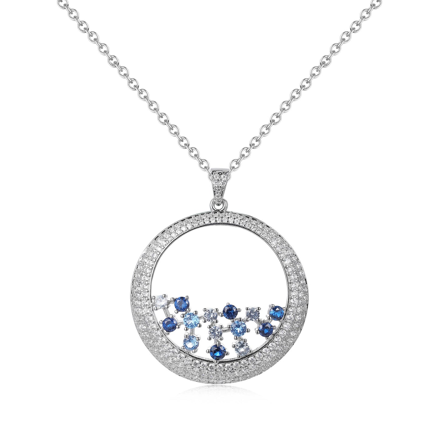 Blue and Silver Pave Rhinestone Disc Pendant Necklace