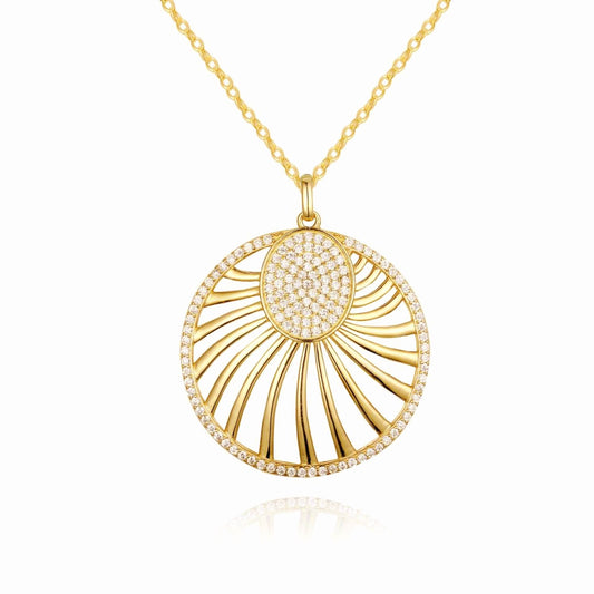 Gold Plated Filigree Fan Design Disc Necklace