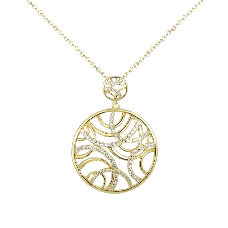 Gold Plated Filigree Half Circles Design Rhinestone Disc Pendant Necklace