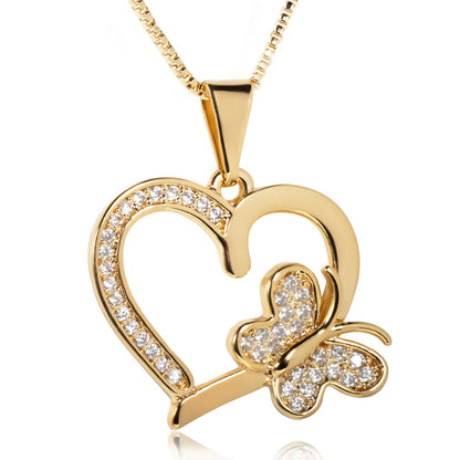 18K Gold Filled Heart Buttefly Necklace with Rhinestones