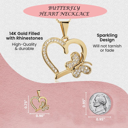 18K Gold Filled Heart Buttefly Necklace with Rhinestones