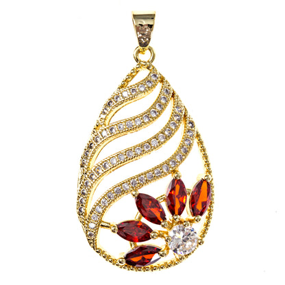 Gold Plated Oval Shape Pendant with Red Rhinestones