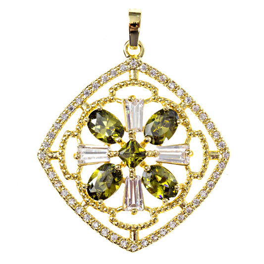 Gold Plated Diamond Shape Pendant with Green Rhinestones