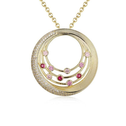 Pink and Gold Pave Rhinestone Disc Charm Pendant Necklace