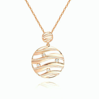 Rose Gold  Round Rhinestone Wave Pendant Necklace