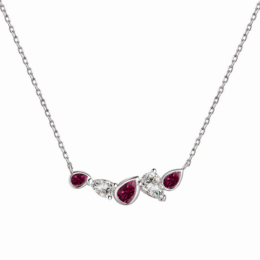 Sterling Silver Cluster Bar Necklace with Ruby Colored and CZ Stones