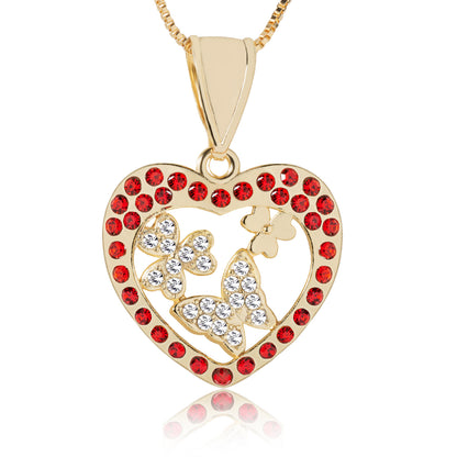 Red Butterfly Heart Charm Necklace - 14K Gold Filled with Crystal Rhinestones