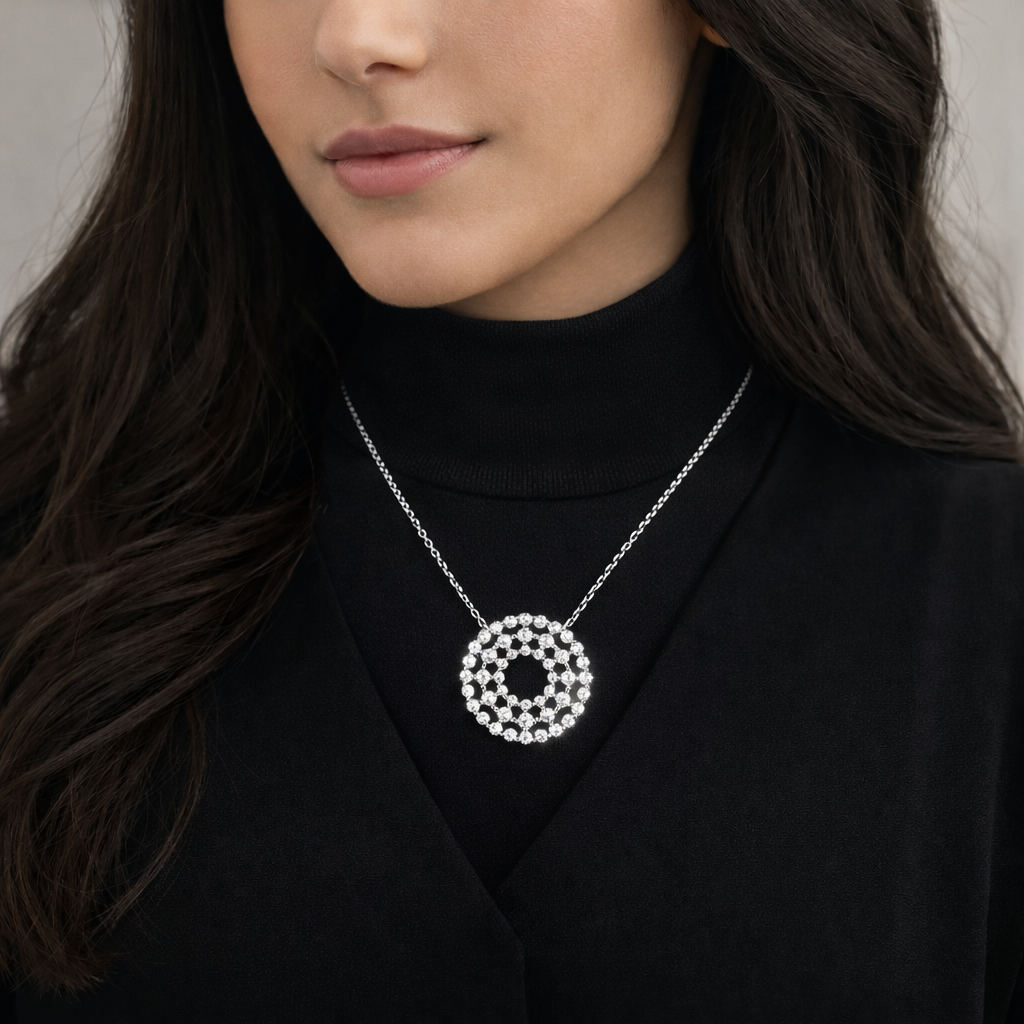 Round Cluster Disc Necklace 3 Row with Rhinestones
