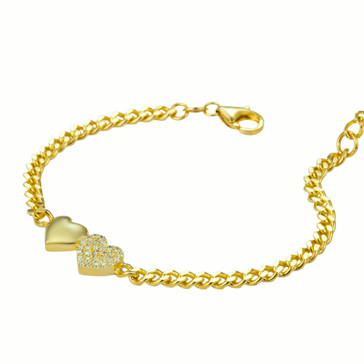 Sterling Silver Double Heart Cuban Chain Bracelet