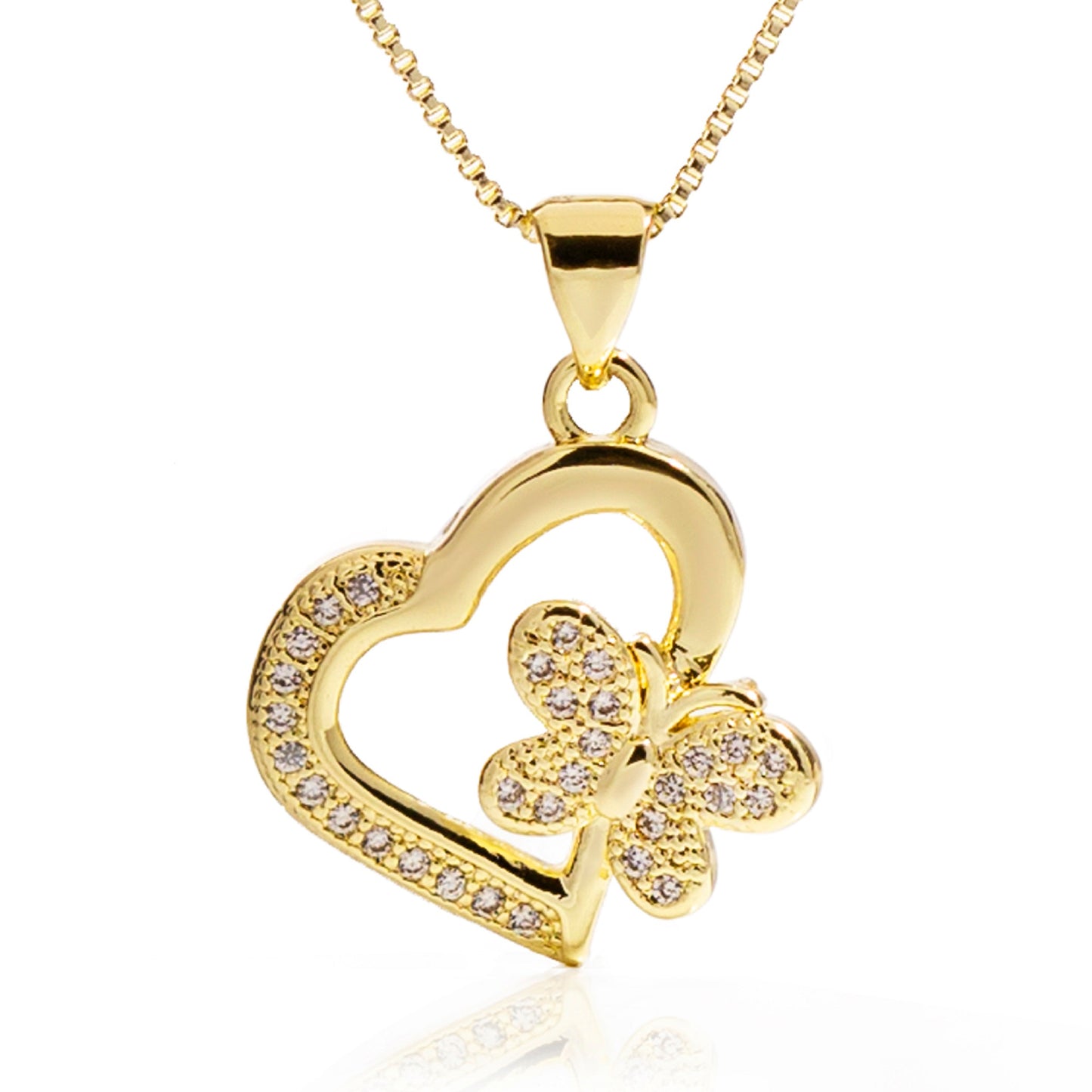 18K Gold Filled Small Heart Buttefly Necklace with Rhinestones