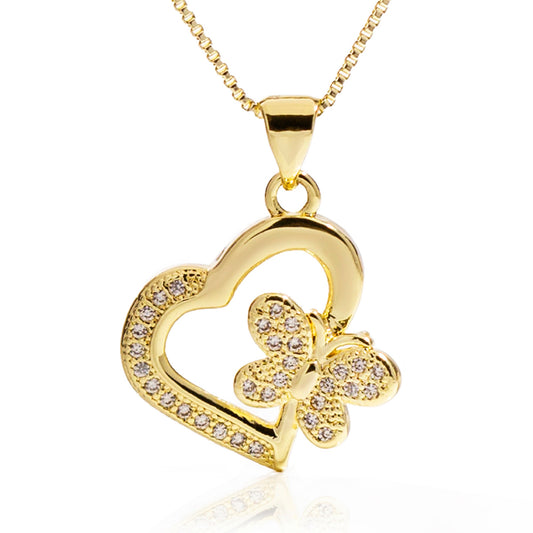 18K Gold Filled Small Heart Buttefly Necklace with Rhinestones