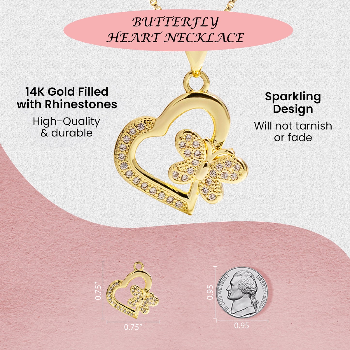 18K Gold Filled Small Heart Buttefly Necklace with Rhinestones