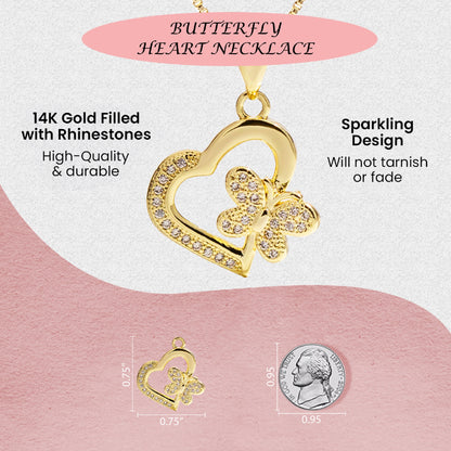 18K Gold Filled Small Heart Buttefly Necklace with Rhinestones