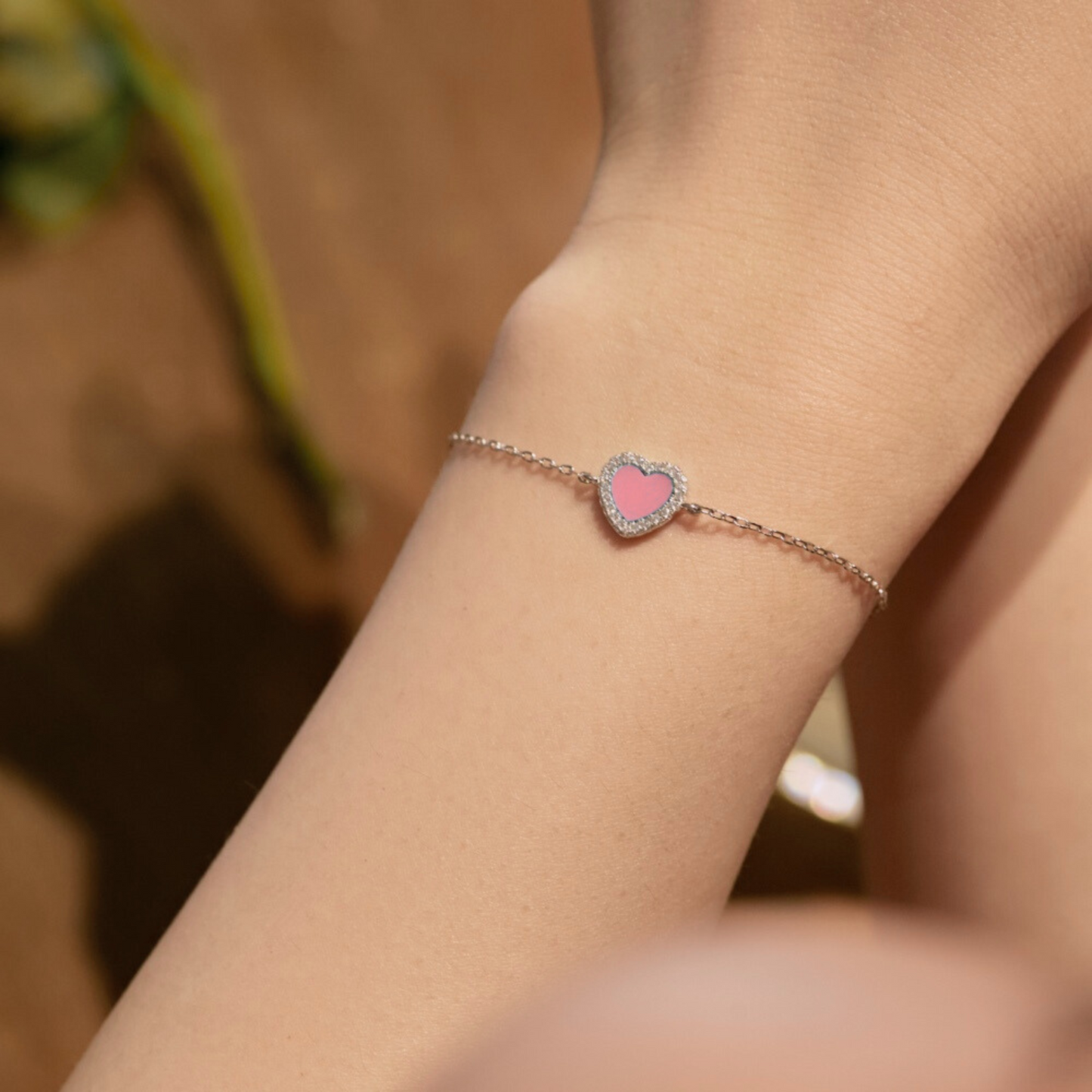 Sterling Silver Pink Heart Bracelet
