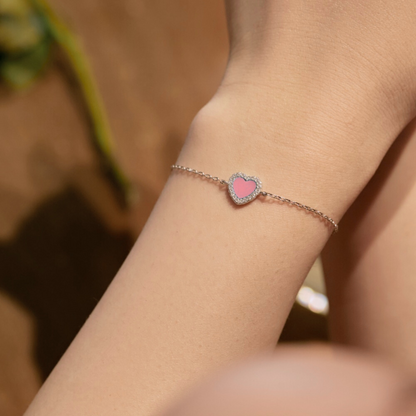 Sterling Silver Pink Heart Bracelet