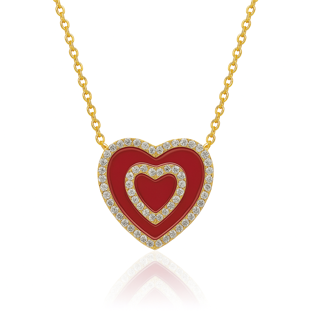 Gold Plated Red Enamel Heart Necklace with Crystal Rhinestones