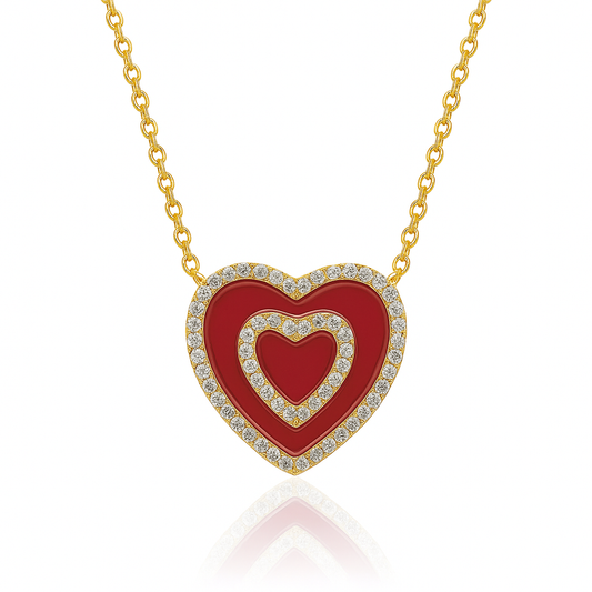 Gold Plated Red Enamel Heart Necklace with Crystal Rhinestones