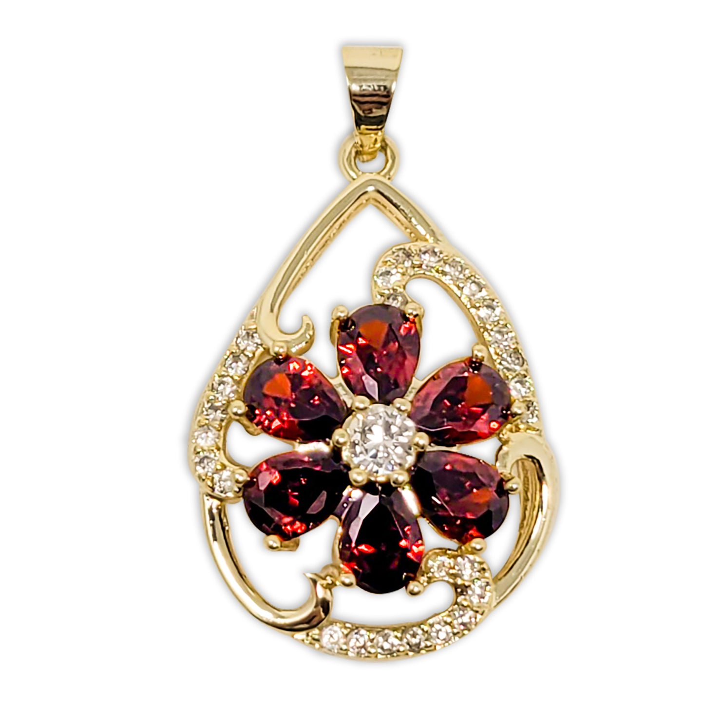 Gold Plated Oval Flower Rhinestone Pendant with Red Stones