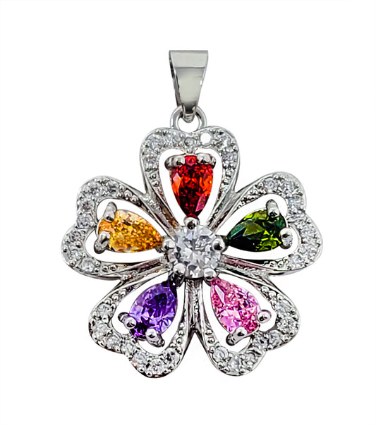 Silvertone Flower Pendant with Multicolor Stones