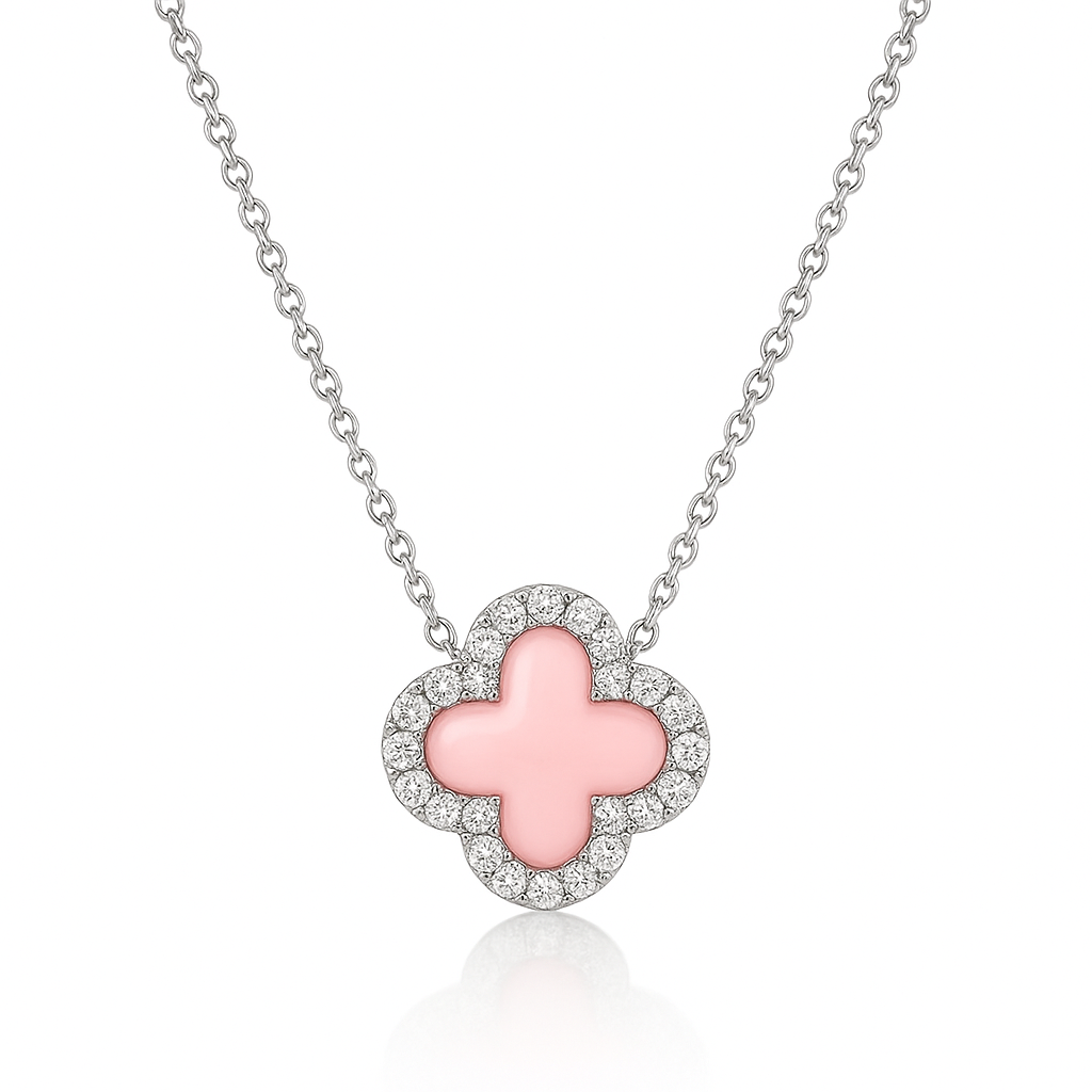Sterling Silver Pink Clover Necklace with Rhinestones