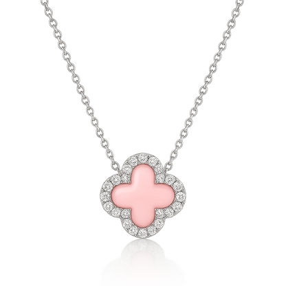 Sterling Silver Pink Clover Necklace with Rhinestones