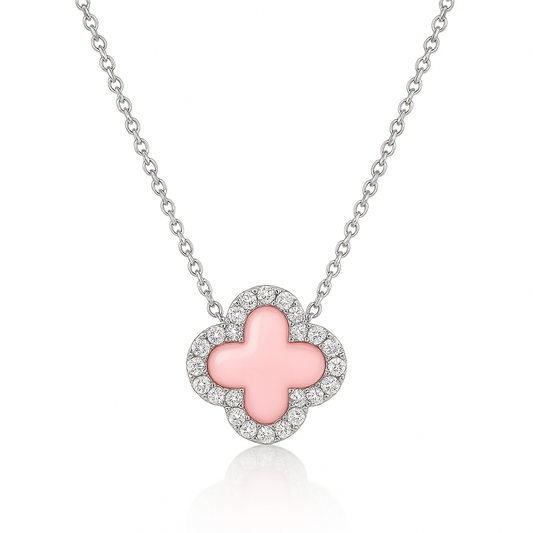 Sterling Silver Pink Clover Necklace with Rhinestones