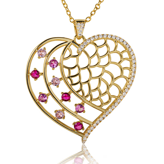 Large Gold Plated Heart Necklace with Pink Crystal Rhinestones