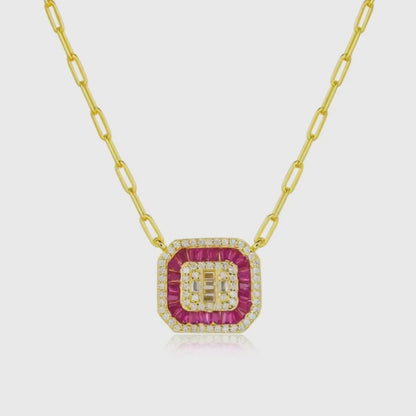 Gold Tone Paperclip Baguette Square Solitaire Necklace