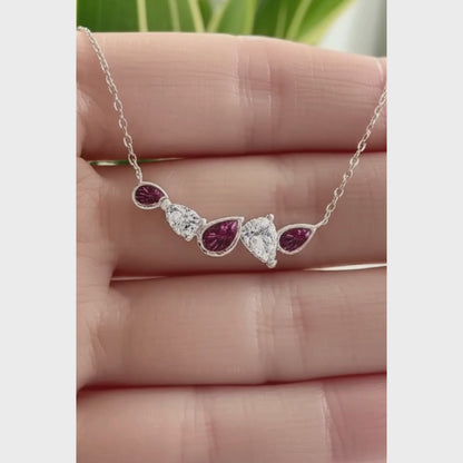 Sterling Silver Cluster Bar Necklace with Ruby Colored and CZ Stones