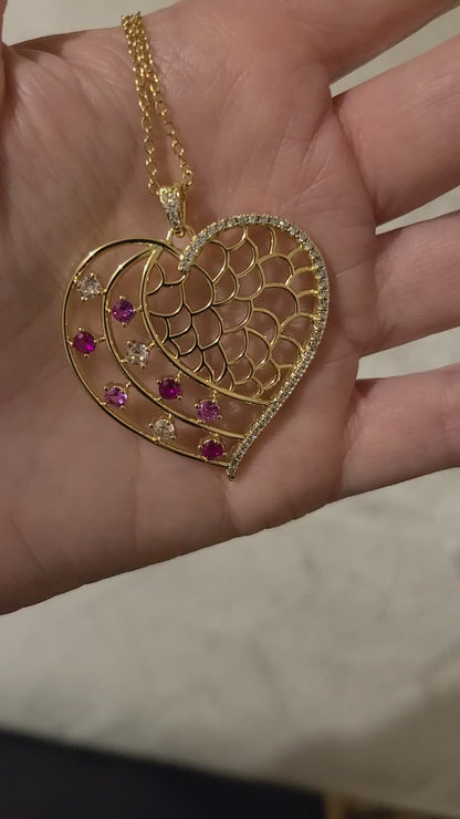 Large Gold Plated Heart Necklace with Pink Crystal Rhinestones