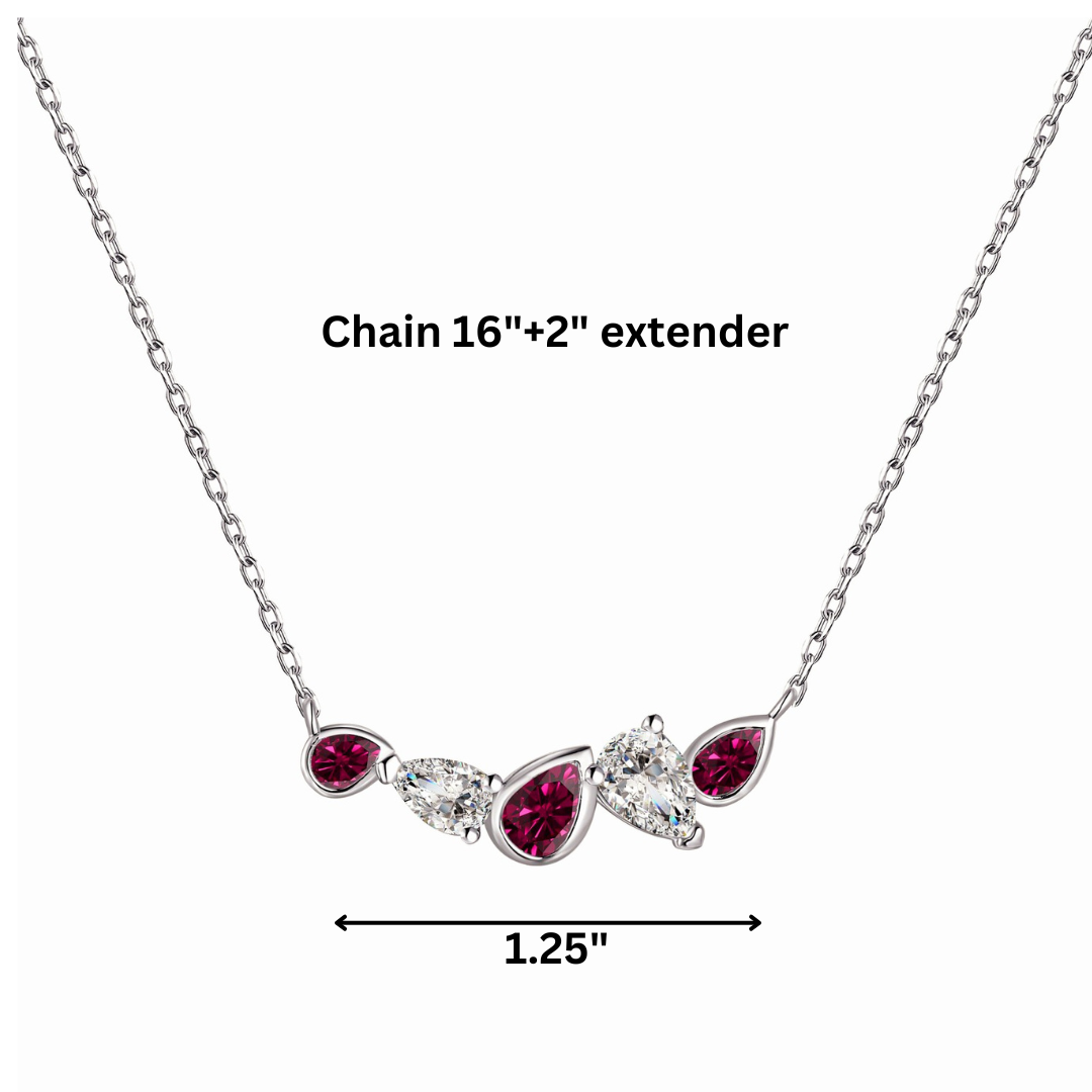 Sterling Silver Cluster Bar Necklace with Ruby Colored and CZ Stones