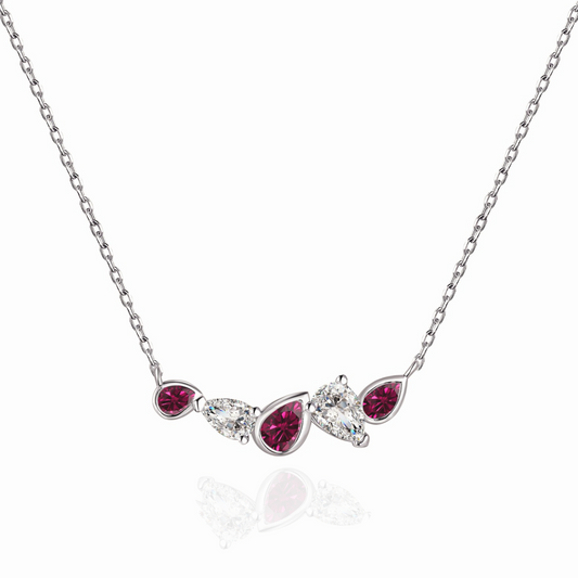 Sterling Silver Cluster Bar Necklace with Ruby Colored and CZ Stones