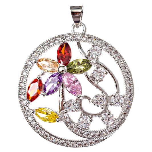 14K Gold Filled  Floral Disc Pendant with Multicolor Stones