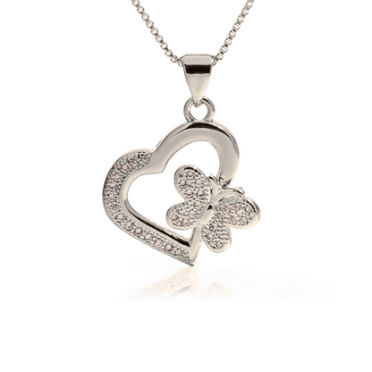 18K Gold Filled Small Heart Buttefly Necklace with Rhinestones