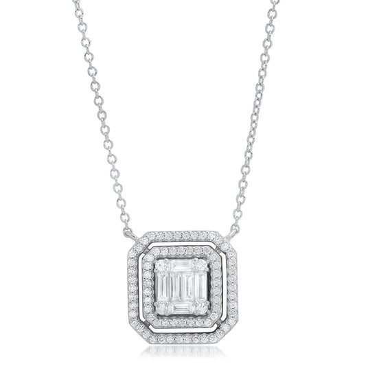 Silver Double Halo Solitaire Necklace
